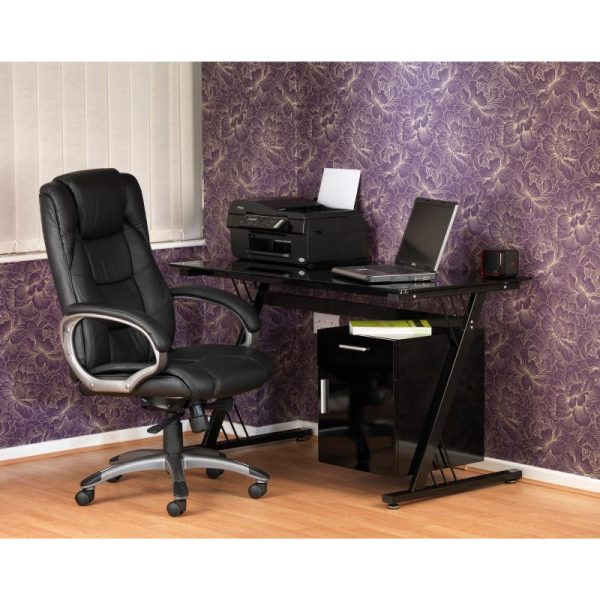 home office room set with black home office desk and black leather office chair