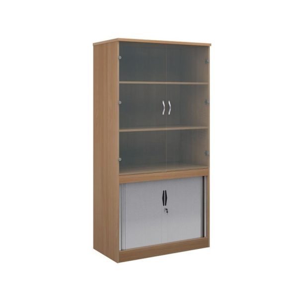 office combination tambour storage cupboard with glass doors and silver tambour doors below