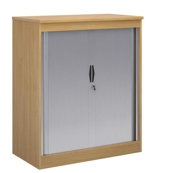 beech office cupboard with silver tambour doors