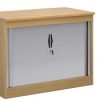 office storage unit in beech wood finish and silver tambour doors