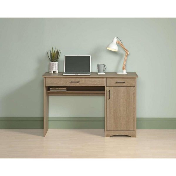 oak home office desk with office light and lap top