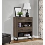 brown wood bookcase storage unit with 4 drawers and lamp and plant