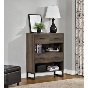 dark wood storage unit with 4 drawers and lamp and plant