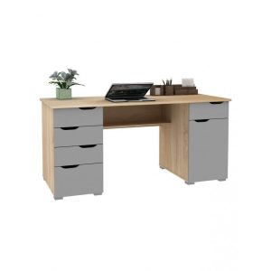 home office desk with light wood top and side and grey pedestal drawer and door front
