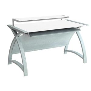 grey curved wood home office desk with white glass top