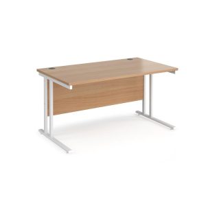 straight office desk with oak desk top and white cantilever frame