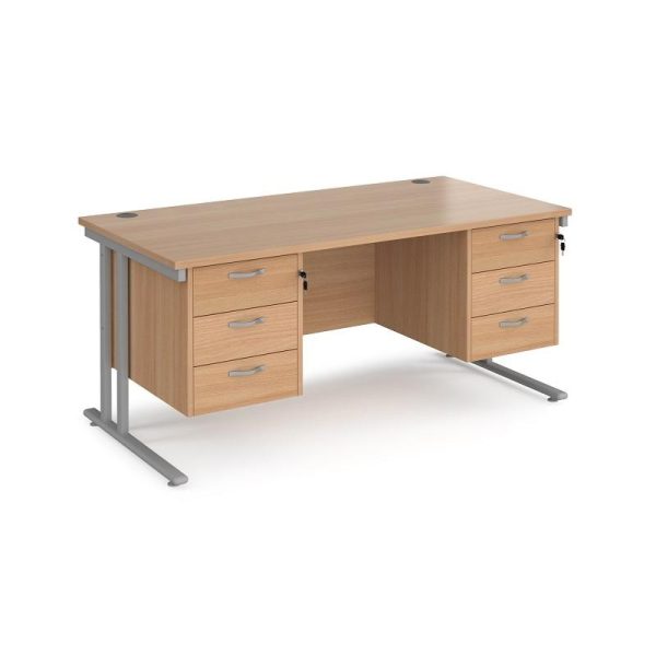 beech office desk with 2 x 3 drawer pedestals and silver cantilever frame