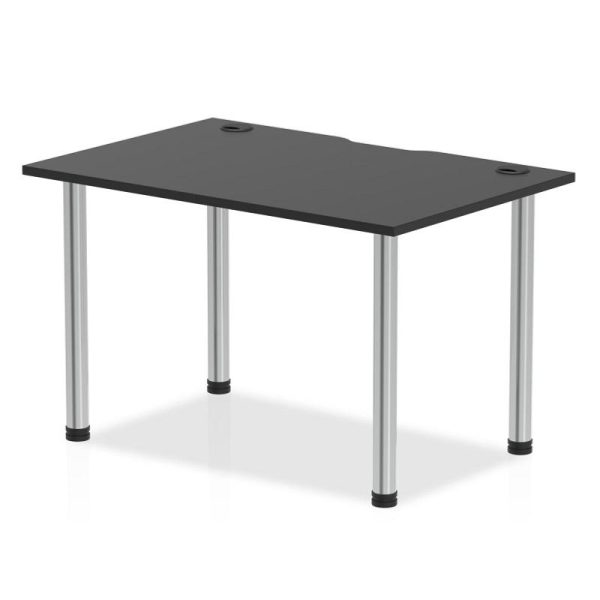 office desk with black desk top and silver legs