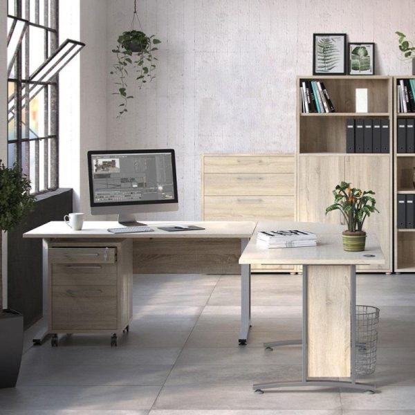 Office Room set with light wood l shaped desk and office storage bookcase and drawers