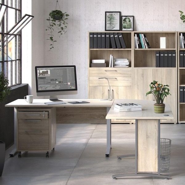 office view with maple l shaped desk and office storage in back ground