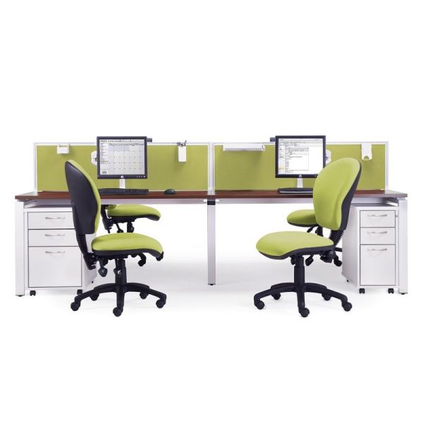 2 office desks with walnut desk top and white frame with 3 drawer pedestal. Lime green desk screens with matching office chairs.