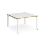 boardroom table with white top and oak edging with white legs