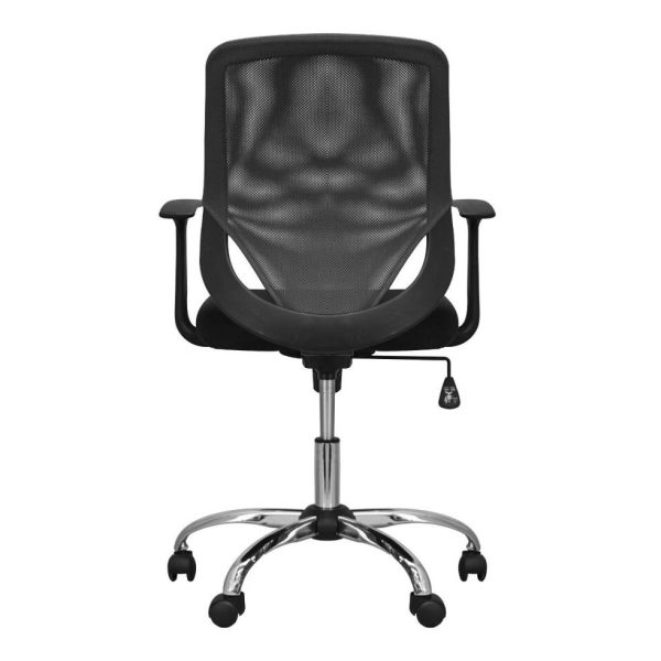 back view of black mesh back office chair with chrome base