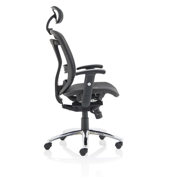 side view of black mesh office chair with chrome base