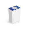 office recycling bin with white body and lid and blue top