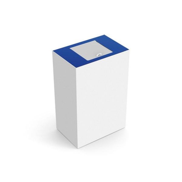 office recycling bin with white body and lid and blue top