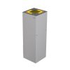 silver office recycling bin with dark grey top and yellow sticker