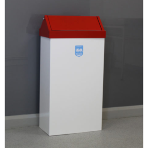 white office recycling bin with red swing lid