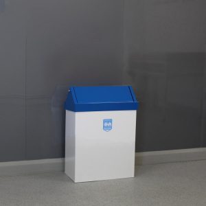 white office recycling bin with blue swing lid
