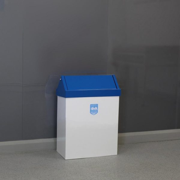 white office recycling bin with blue swing lid