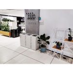 office with 2 black office recycling bins and 3 white office recycling bins. Shelving and plants