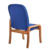 back view of blue fabric reception chair with wooden frame
