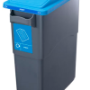 slim office recycling bin in grey plastic with blue Sticker saying Paper and blue lid