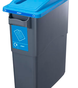 slim office recycling bin in grey plastic with blue Sticker saying Paper and blue lid