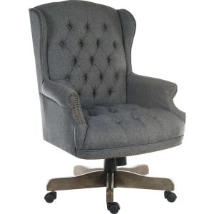 traditional office chair with button back in grey fabric with wooden base