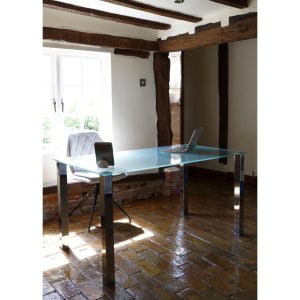 frosted glass desk with stainless steel legs