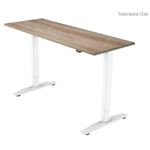 height adjustable desk with oak desk top and white leg frame