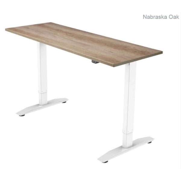 height adjustable desk with oak desk top and white leg frame