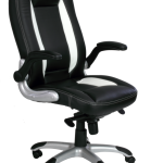 high back executive chair with folding arms in two tone black and white