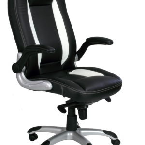 high back executive chair with folding arms in two tone black and white