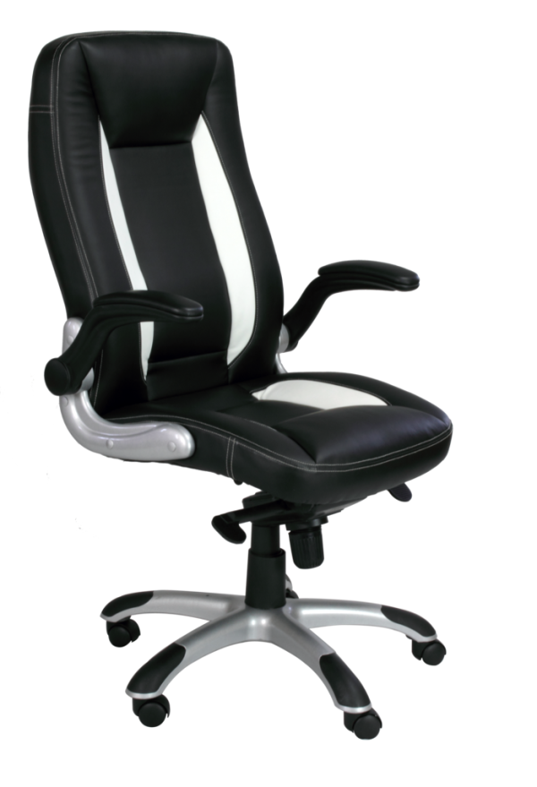high back executive chair with folding arms in two tone black and white