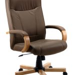 office chair with brown leather upholstery and light wood frame