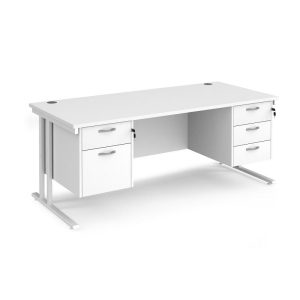 white office desk with silver cantilever legs. With 1 x 2 drawer and 1 x 3 drawer pedestal