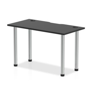 office desk with black desk top and chrome legs