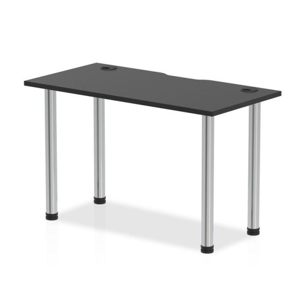 office desk with black desk top and chrome legs