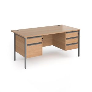 desk with filing drawer and 3 shallow drawers in oak finish with graphite H frame leg finish