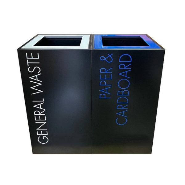 2 office recycling bins black. 1 with white top and General Waste lettering and 1 with blue top and Paper & Cardboard lettering