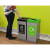 2 silver office recycling bins. 1 with back top and General Waste sticker. 1 with green top and Mixed Recycling sticker