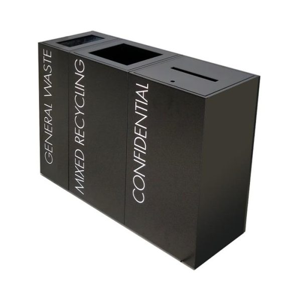 3 black office recycling bins with General Waste, Mixed Recycling and Confidential in white writing