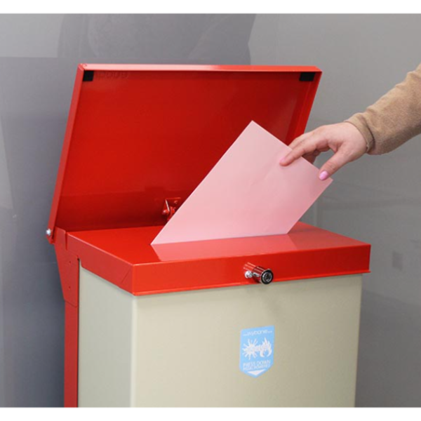 White confidential office recycling bin with red top