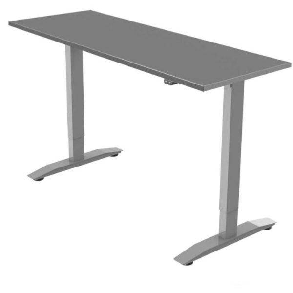 height adjustable desk with dark grey desk top and silver leg frame