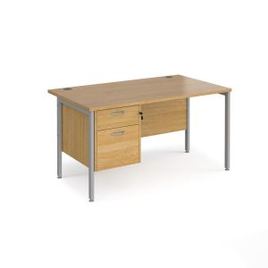 office desk oak with 2 drawer pedestal and silver H frame
