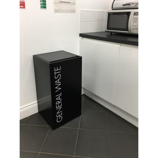 office recycling bin soft close black with white lettering General Waste