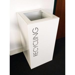 contemporary office recycling bin white with black lettering