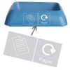 blue plastic office recycling bin lid with paper lettering and pictogram