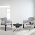 grey fabric reception lounge chairs with circular coffee table